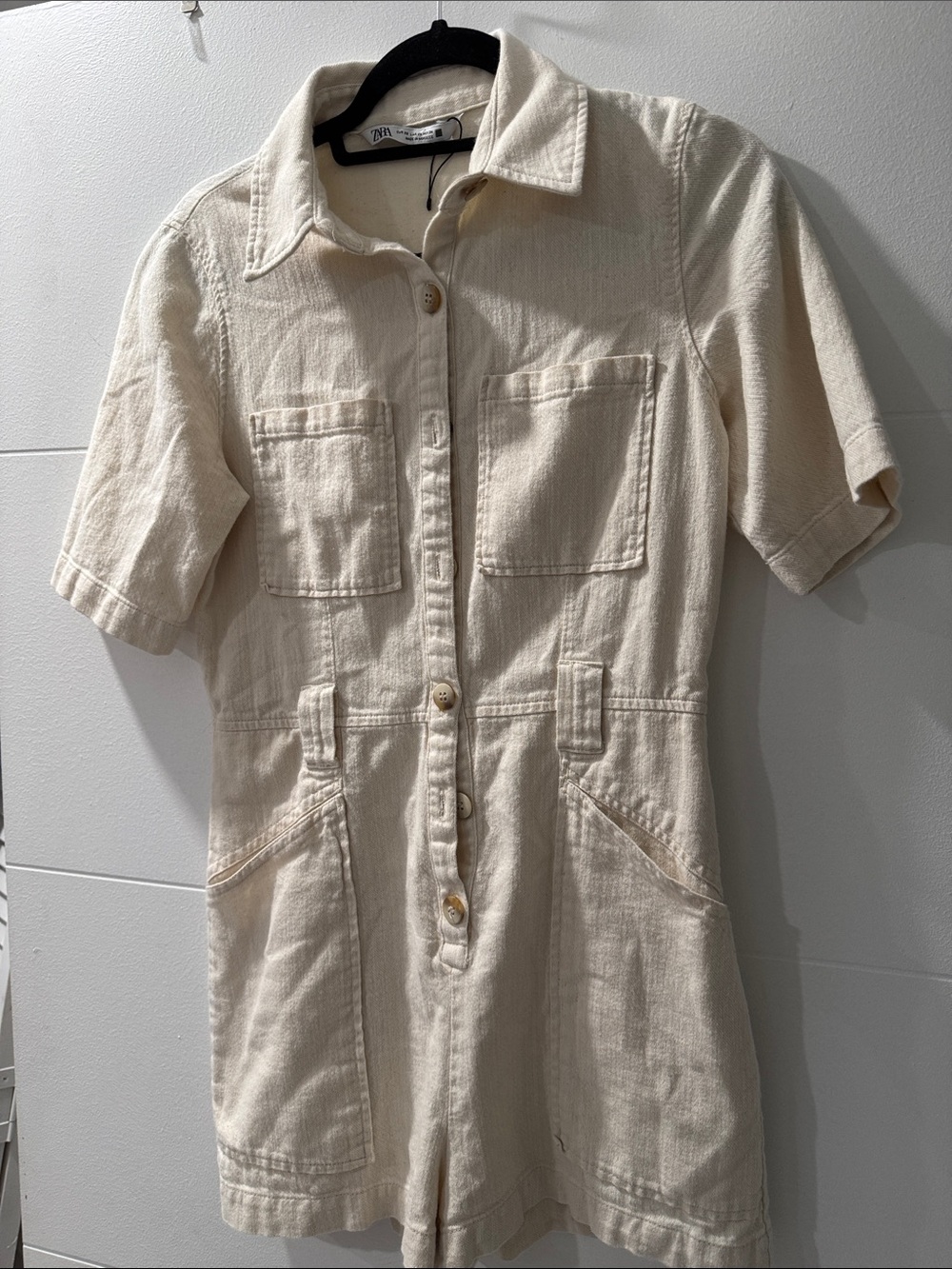 Zara Cream Short-Sleeve Button Romper
